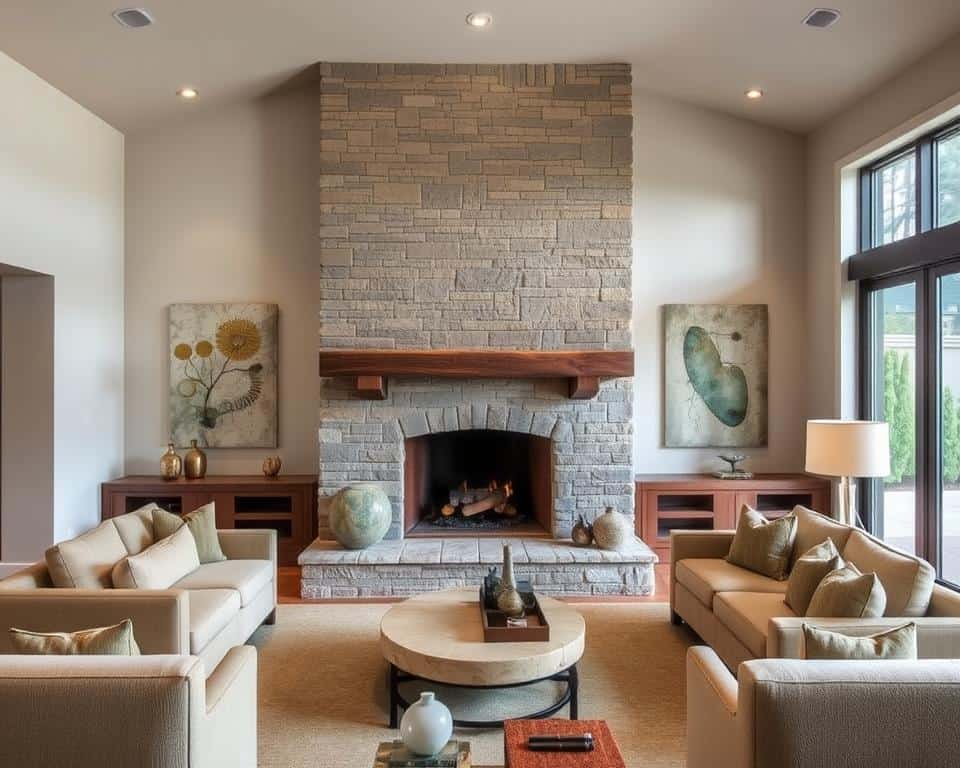 Dramatic floor-to-ceiling stone fireplace as the focal point of a living room