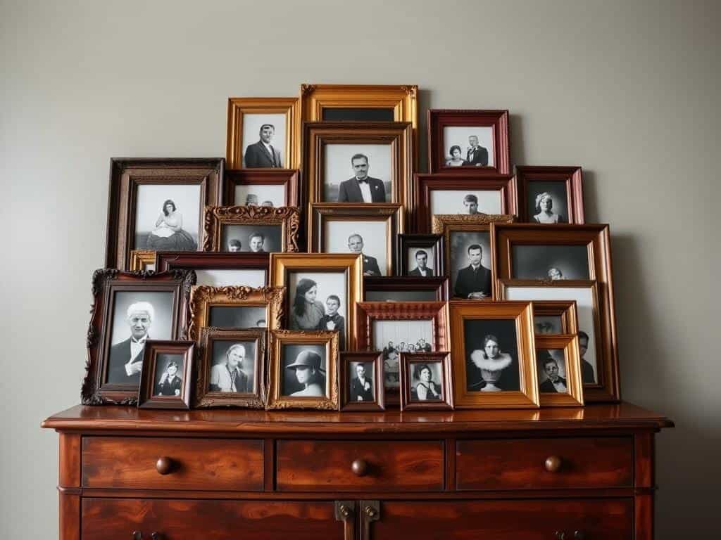 Dresser with collection of photos in various vintage brown frames