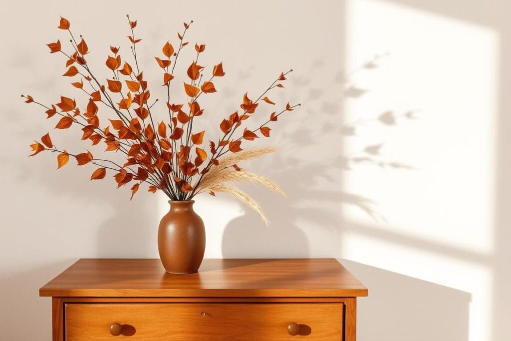 Dresser with dried fall botanical arrangement in wooden vase