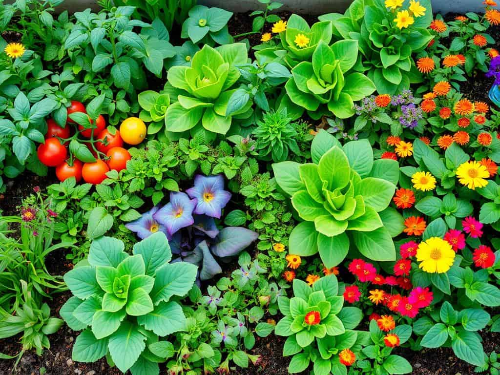 Edible garden with vegetables, herbs, and edible flowers growing together