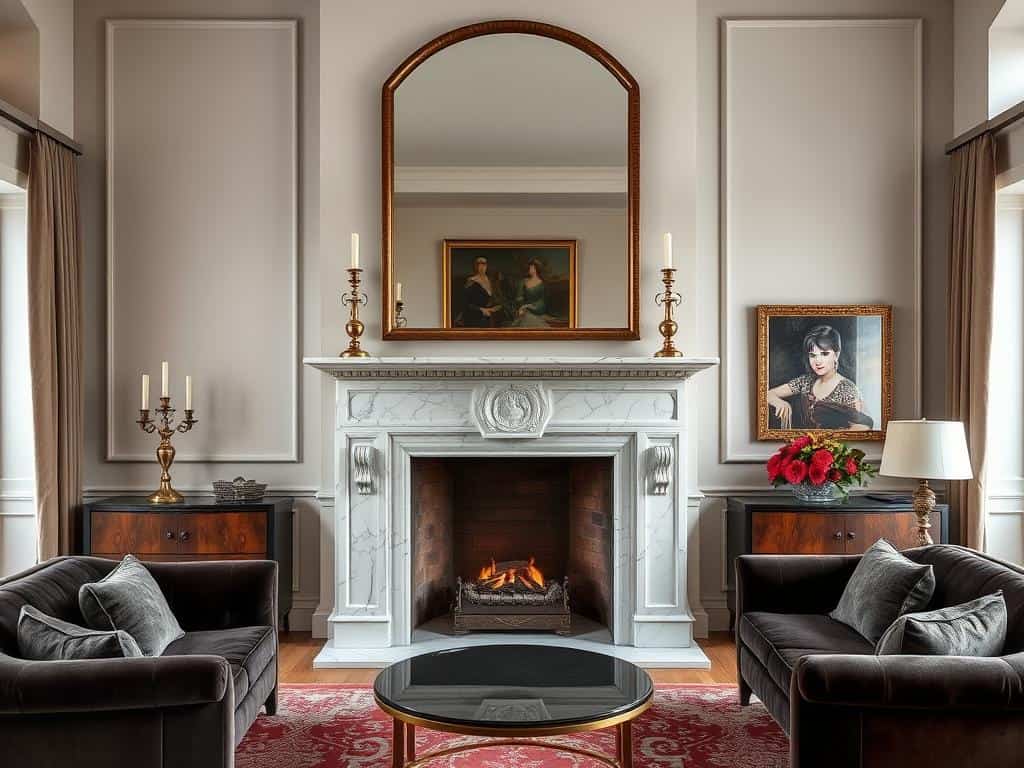 Elegant white marble fireplace with brass accents in a sophisticated living room