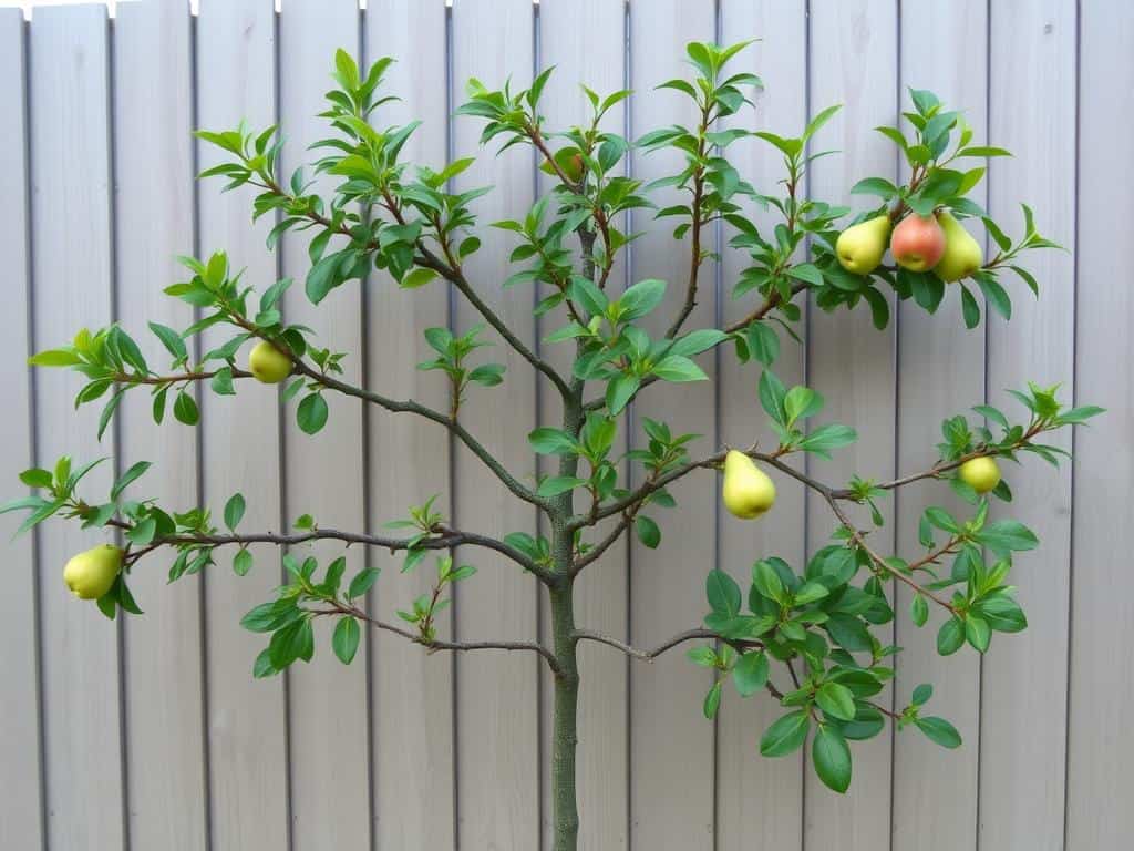 Espalier fruit tree trained against a wall in a decorative pattern