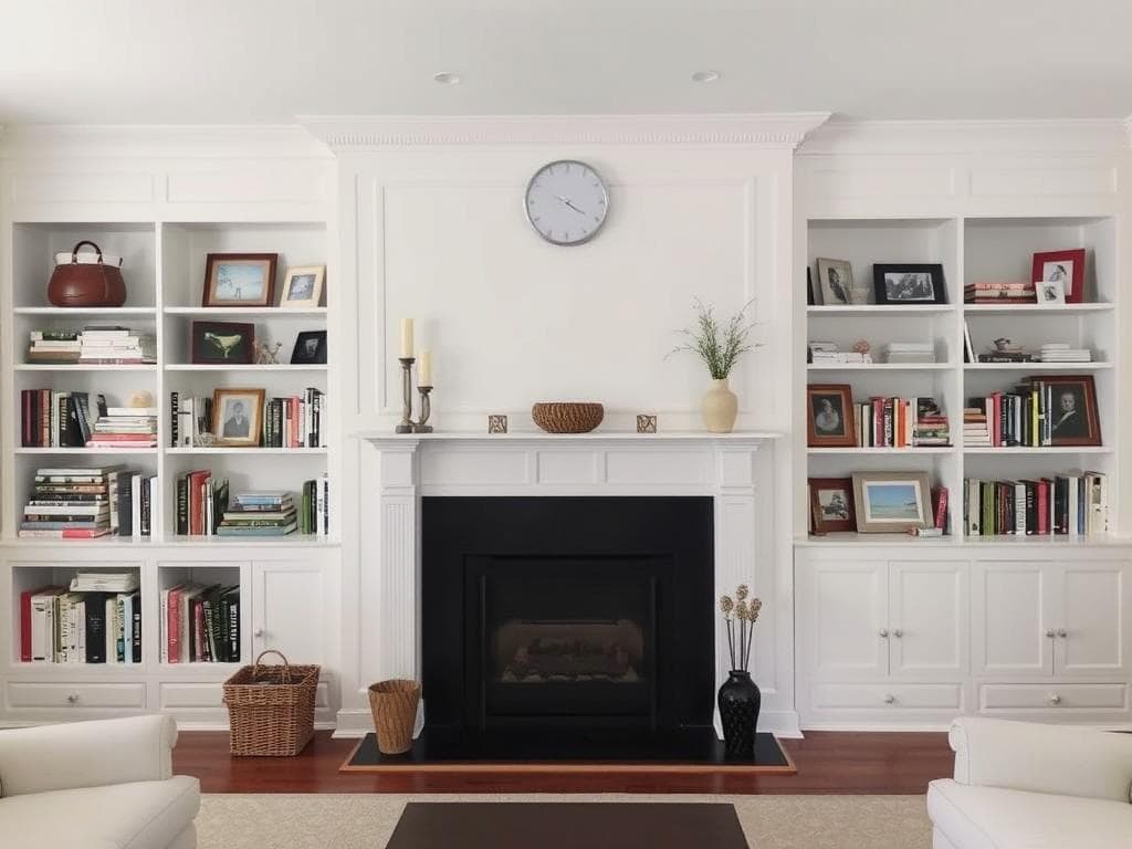 Fireplace centered between white built-in bookshelves filled with books and decor