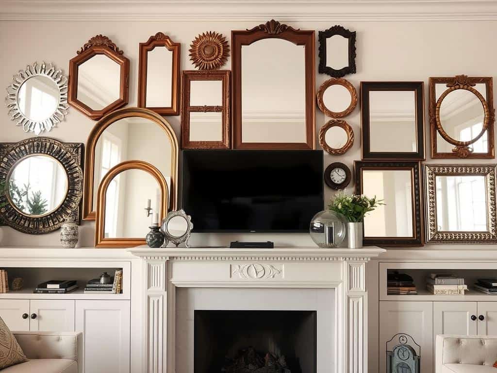 Fireplace with an artful arrangement of mirrors of different shapes and sizes above