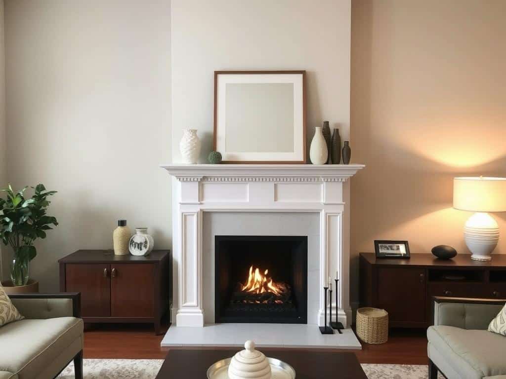 Fireplace with creatively asymmetrical decor arrangement on the mantel