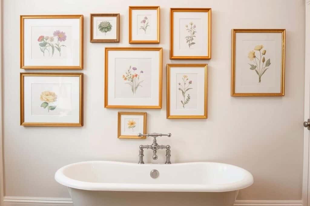 Gallery wall of vintage botanical prints in gold frames in a bathroom