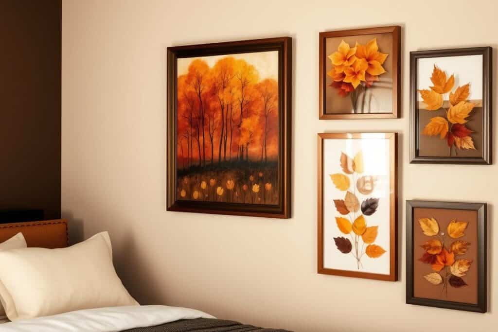 Gallery wall with autumn-inspired artwork in brown and amber tones