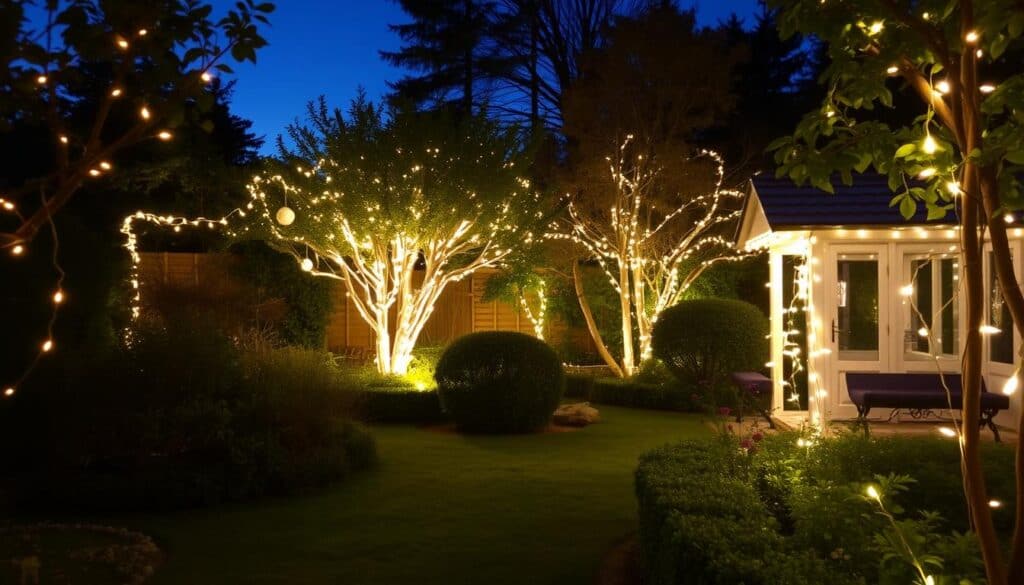 Garden at dusk with fairy lights strung through trees and bushes