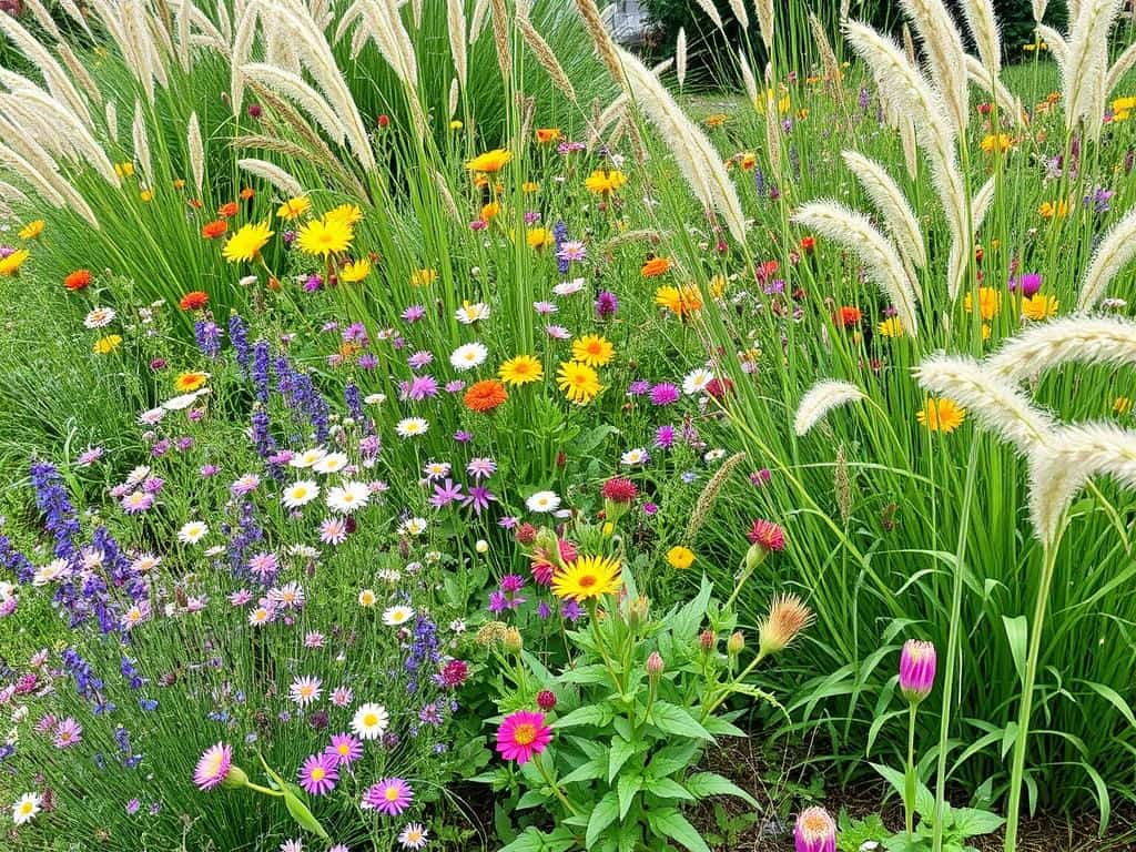 Garden bed filled with native wildflowers and grasses