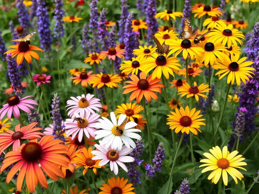 Garden bed filled with pollinator-friendly flowers attracting butterflies and bees