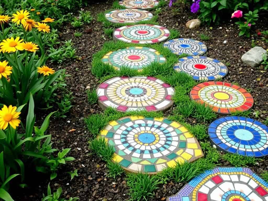 Garden path made of colorful mosaic stepping stones