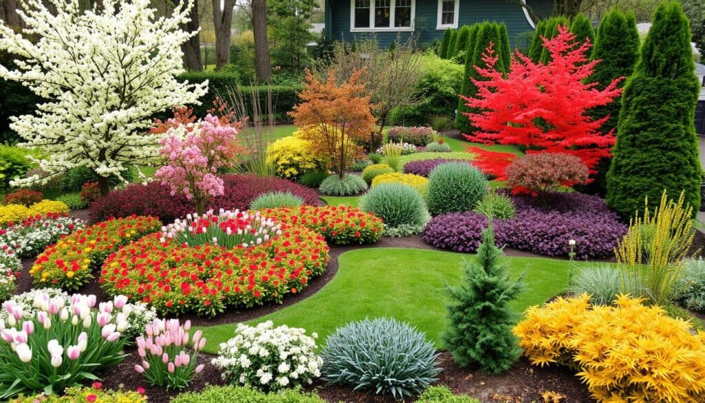 Garden with different zones for each season featuring plants that peak at different times
