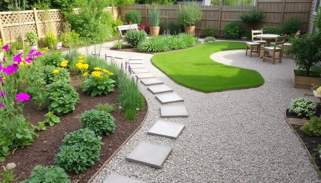Garden zones separated by gravel pathways with stepping stones