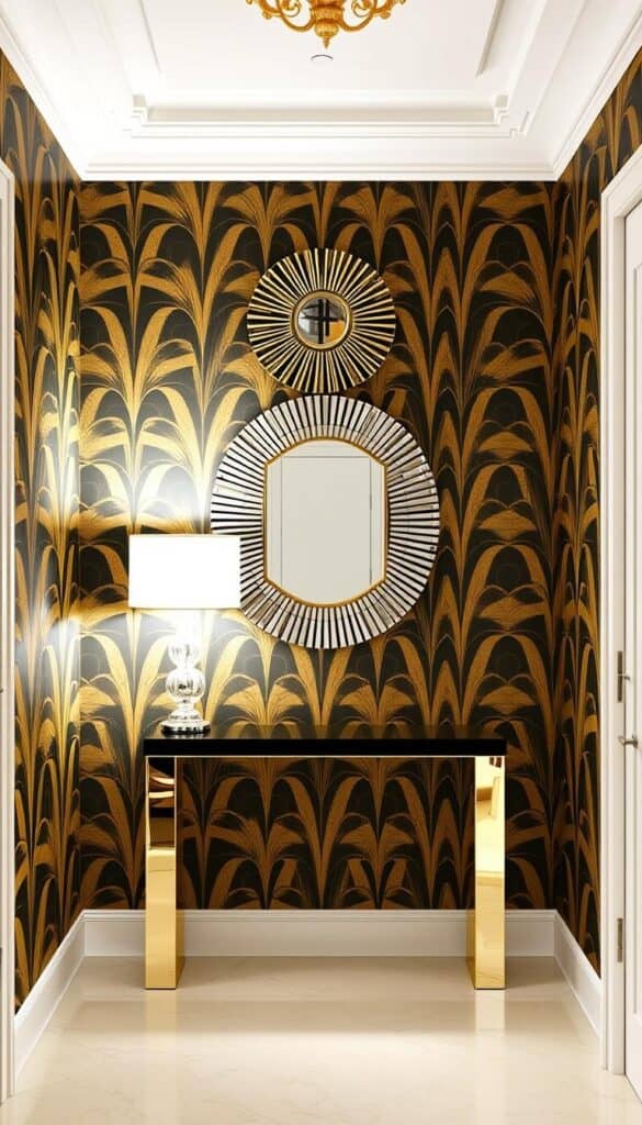 Glamorous hallway with gold and black art deco wallpaper and mirror