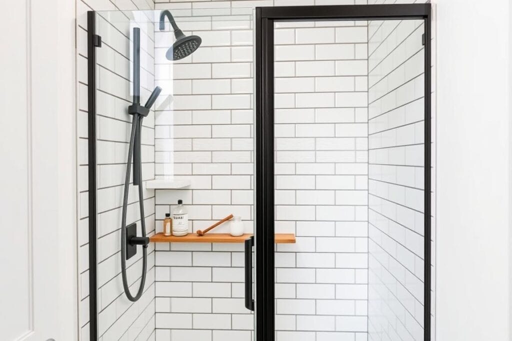 Glass shower enclosure with subway tile in a small modern farmhouse bathroom