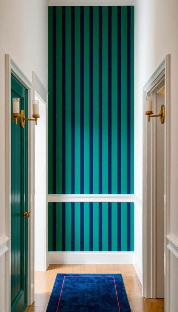 Hallway with vertical striped wallpaper in rich emerald and navy tones