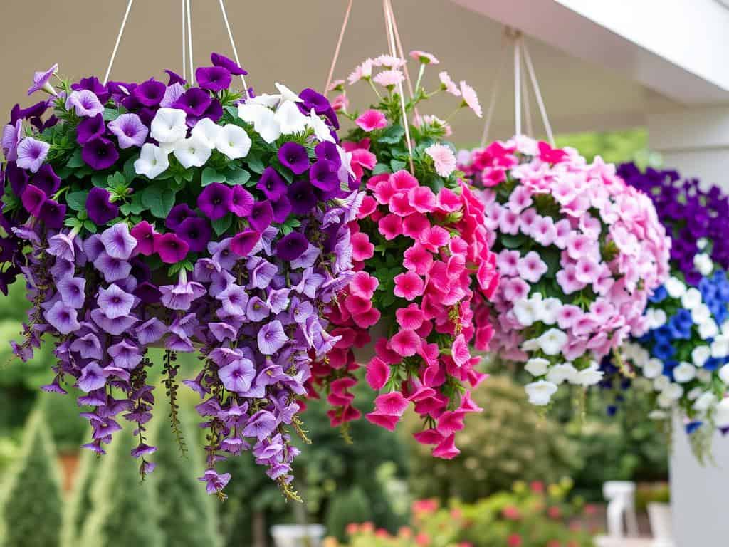 Hanging basket garden with colorful flowers cascading down
