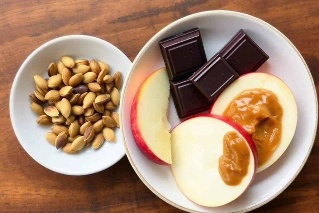 Healthy afternoon snacks including nuts, seeds and dark chocolate for hormone balance