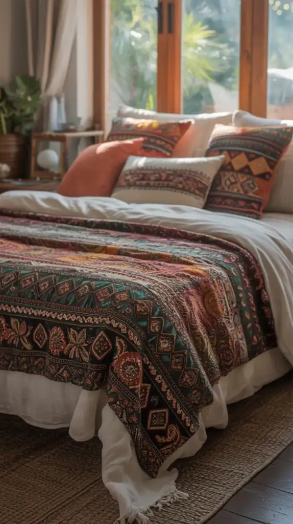 A cozy and inviting bohemian-style bedspread adorns a plush, well-made bed, its intricate patterns and vibrant colors creating a warm, relaxed atmosphere. The bedspread's rich textures and eclectic design evoke a sense of carefree, free-spirited living, perfectly complementing the soft, natural lighting filtering through the room's large windows. Plush pillows in complementary hues and patterns add depth and texture, while a neutral, earthy color palette throughout the space lends a soothing, grounded ambiance. The overall scene exudes a comforting, homey vibe, inviting the viewer to sink into the bed and get lost in the bohemian charm.