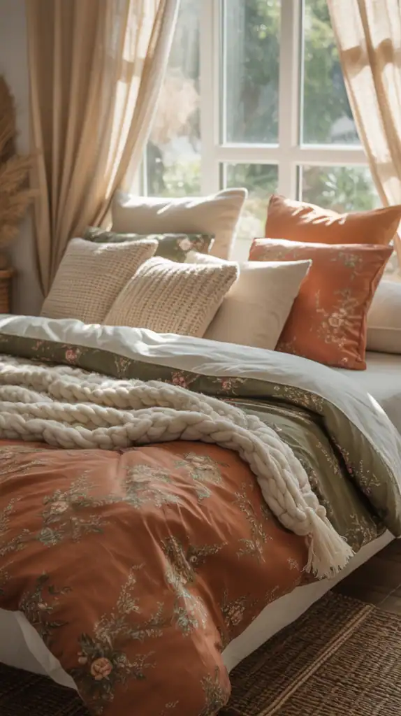 A cozy, inviting boho bedding set draped in warm, earthy tones and delicate patterns. The soft, plush comforter embraces the viewer, exuding a sense of comfort and relaxation. Wispy, sheer curtains frame the scene, casting a gentle, diffused light that accentuates the natural textures and materials. Piled high with oversized pillows and a woven throw, the bed appears like a haven of tranquility, beckoning the viewer to sink in and feel enveloped in its soothing embrace. The overall atmosphere is one of serene, bohemian sophistication, creating a dreamy, inviting space that feels like a warm hug.