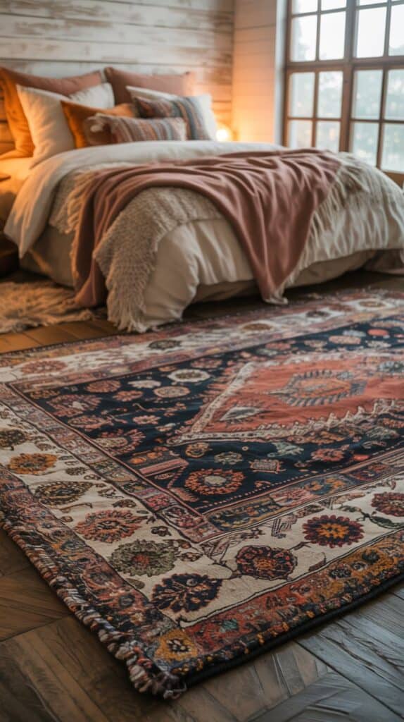 A cozy bohemian bedroom with a lush, layered rug in the foreground. The rug features a bold, intricate pattern with a mix of earthy tones, warm accents, and subtle pops of color. It is placed atop a hardwood floor, creating a visually striking contrast. In the middle ground, the bed is adorned with plush, textured bedding in complementary hues, and an assortment of throw pillows in various patterns and textures. The background showcases whitewashed wooden walls, accented by natural light filtering through large windows, casting a warm, inviting glow throughout the space. The overall atmosphere evokes a sense of relaxation, comfort, and effortless style.
