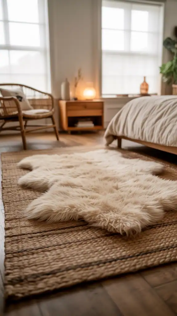 A cozy, bohemian bedroom with a plush, natural fiber rug layered atop a larger, low-pile area rug. The foreground features the layered rugs, showcasing their textures and patterns - a tactile, earth-toned jute rug topped with a shaggy, ivory sheepskin rug. Soft, diffused lighting filters in through large windows, casting a warm, inviting glow. The middle ground features minimal, rustic furniture like a wooden nightstand and a rattan armchair, hinting at the eclectic, lived-in style of the space. The background is kept simple, with plain white walls and hardwood floors, allowing the layered rugs to take center stage.