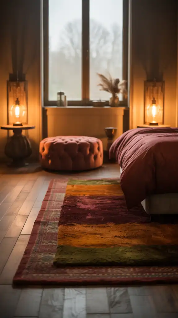 A cozy, dimly lit bedroom with a wooden floor. In the foreground, a thick, plush area rug in shades of burgundy, ochre, and olive green is layered with a smaller, patterned rug in complementary hues. The middle ground features a low-profile, tufted velvet ottoman, and a pair of vintage-inspired side tables with lamps casting a warm, golden glow. In the background, a tall, wooden headboard frames a large window, letting in soft, diffused natural light. The overall atmosphere is one of inviting, bohemian-inspired comfort and sophistication.