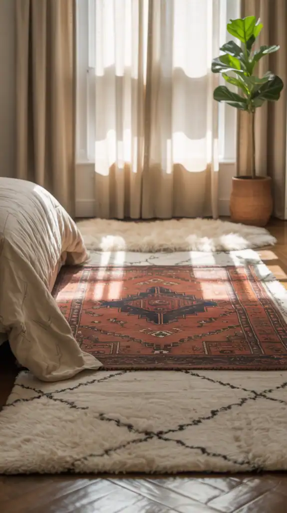 A cozy, boho-inspired bedroom with a layered rug design. In the foreground, a plush, textured rug in earthy tones covers the hardwood floor. In the middle ground, a patterned, flat-weave rug in warm hues complements the first layer. In the background, a shaggy, ivory-colored rug adds depth and softness, creating a visually interesting and inviting composition. The lighting is soft and natural, casting a warm glow across the scene. The angle is slightly elevated, capturing the entire layered rug arrangement in a harmonious, well-balanced frame.