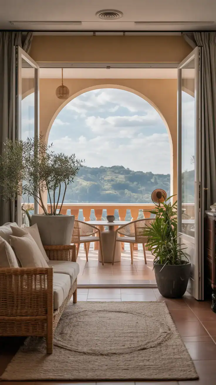 Balcony designed to flow seamlessly with the indoor space using matching colors and cohesive styling