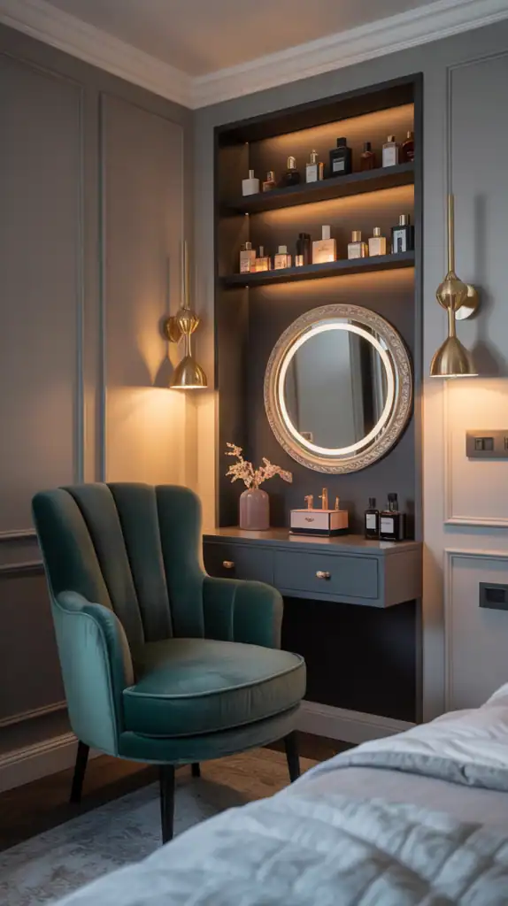 A stylish beauty nook with a sleek vanity, adorned with perfumes and surrounded by an emerald velvet chair and warm brass sconces.