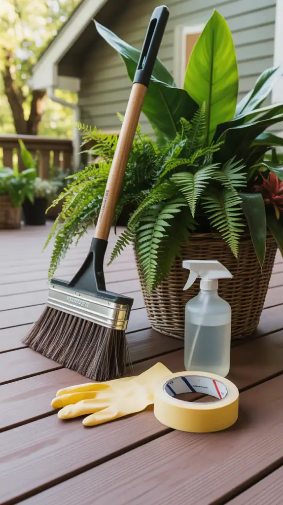 Broom, spray bottle, gloves, and a plant-filled basket on a dark wooden deck with soft natural light and blue-gray house siding in the background.