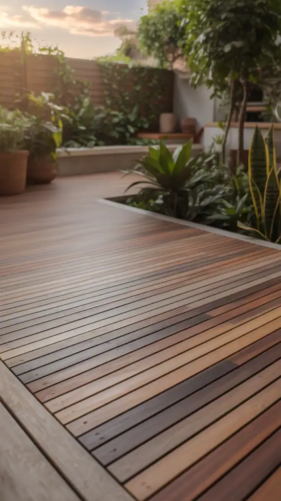 Close-up of a wooden deck at sunset with warm light, rich brown slats, and blurred tropical plants in the background.