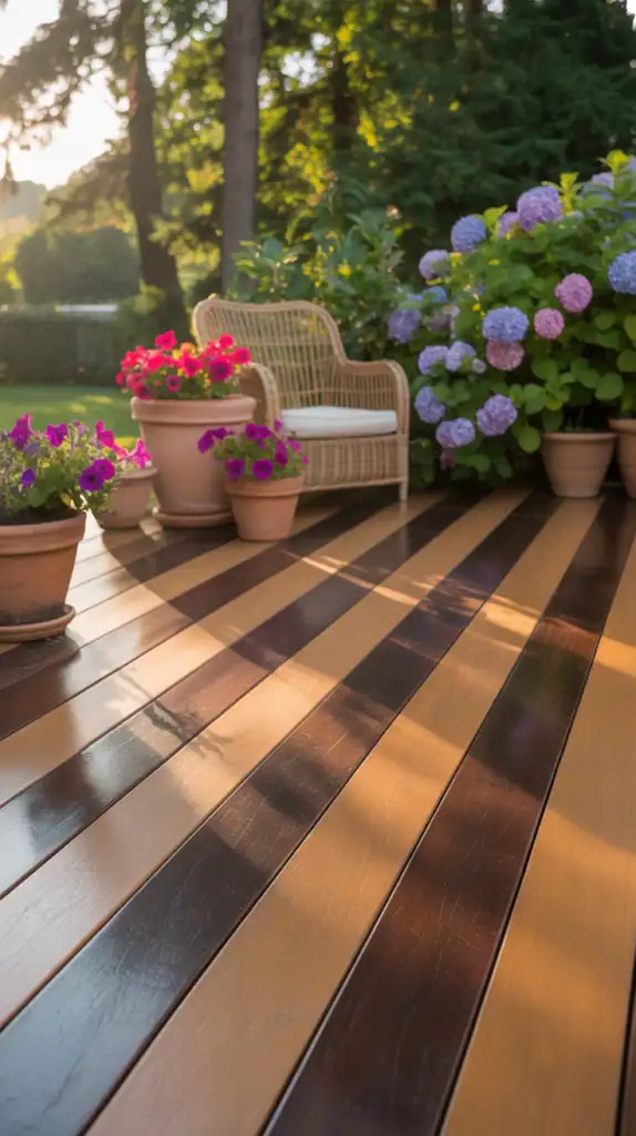 Two-tone wooden deck with honey and dark brown planks, terracotta pots of petunias, and a wicker chair, glowing in sunset light with a blurred garden backdrop.