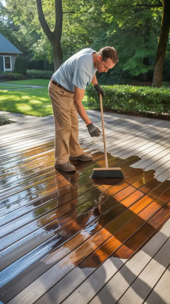 Man in khaki pants and work boots cleaning a light wooden deck with a broom and solution, surrounded by greenery and a blue house in the background.