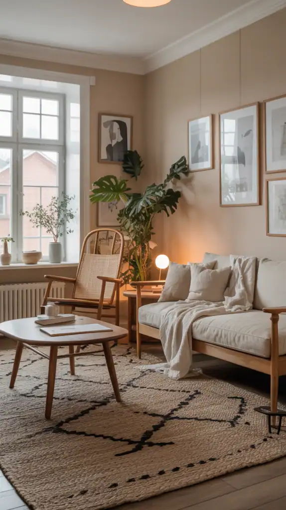 A cozy Scandinavian living room with a textured rug, light walls, and wooden furniture.