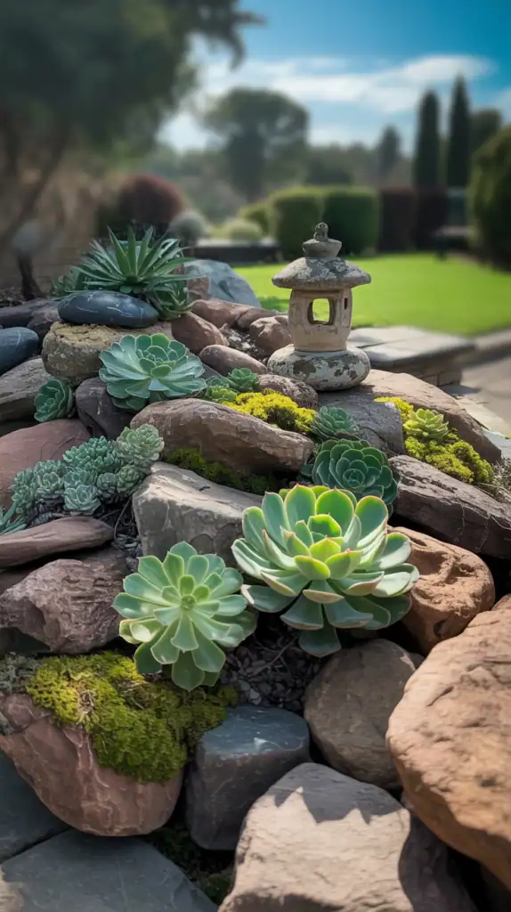 A rock garden featuring various sizes of stones and green succulents.
