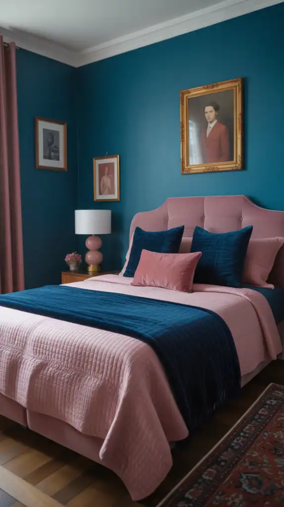 A cozy bedroom featuring deep jewel tones with a pink bedspread, dark blue pillows, and a portrait on the wall.