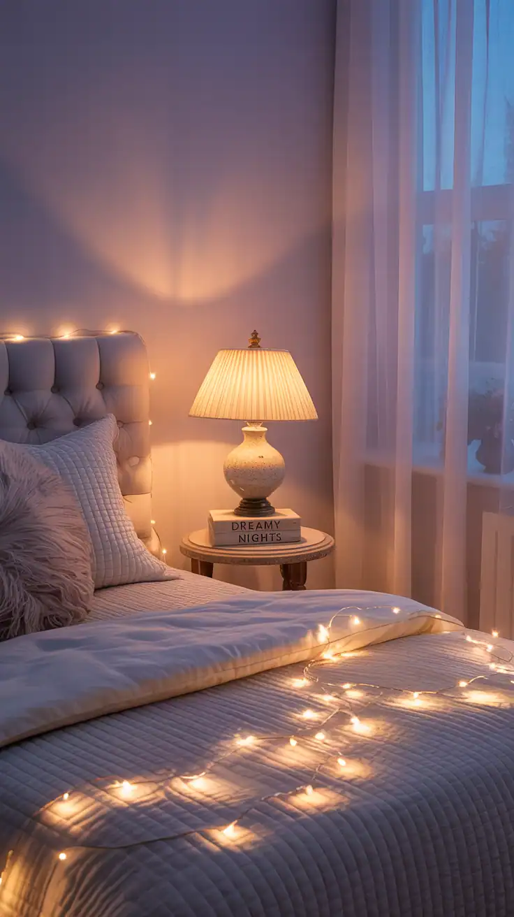 A cozy bedroom with fairy lights creating a warm, dreamy atmosphere.