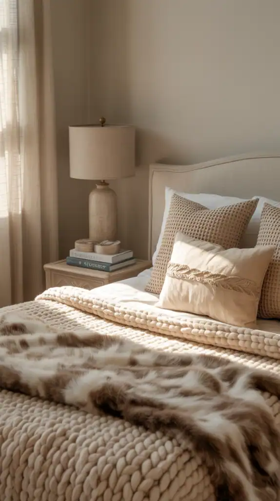 A cozy bedroom with layered textures, featuring soft blankets and pillows.
