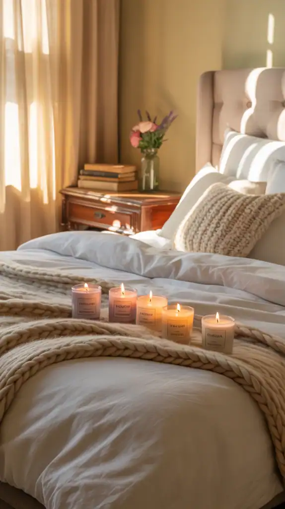 A cozy bedroom with various aromatherapy candles lit on a bed.