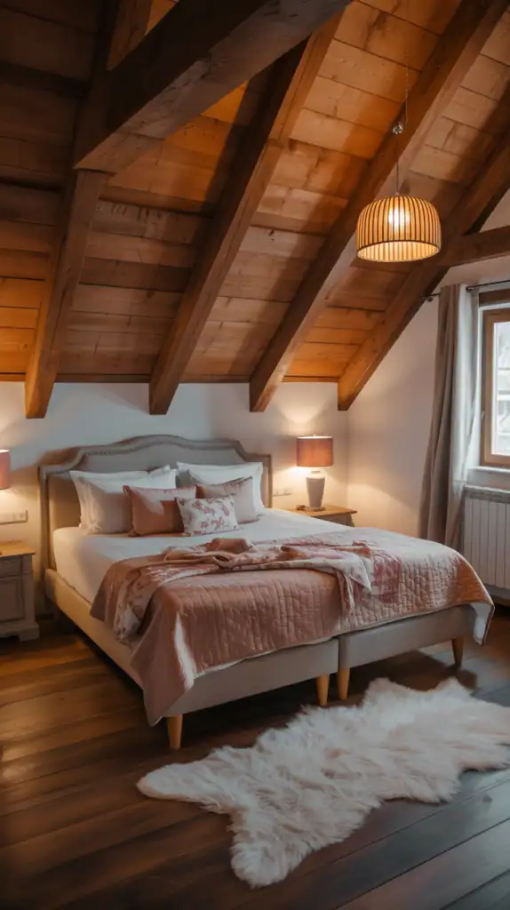 A cozy rustic bedroom with wooden beams and a simple bed.