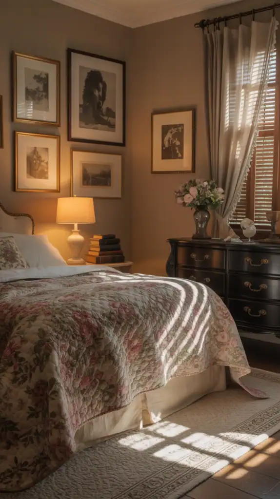A cozy bedroom featuring vintage decor with framed artwork, a wooden dresser, and soft lighting.