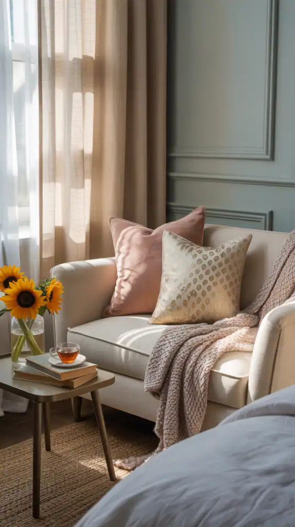 A cozy bedroom nook with a sofa, pillows, and flowers, perfect for quiet conversations.
