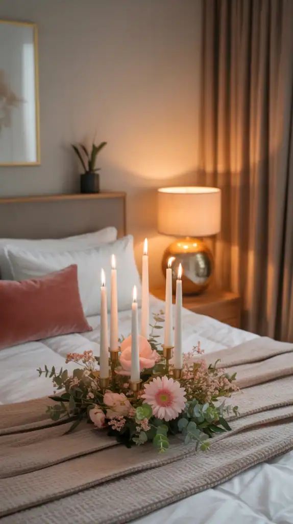 A cozy bedroom featuring a candle arrangement as a centerpiece with flowers.