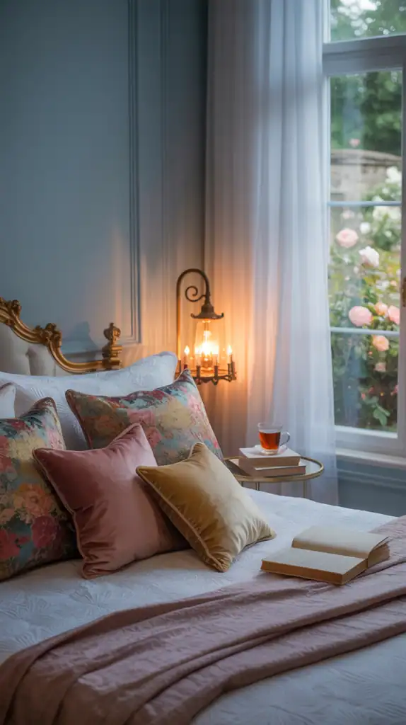 A cozy bedroom featuring a light blue wall, colorful cushions on the bed, and warm decor accents.
