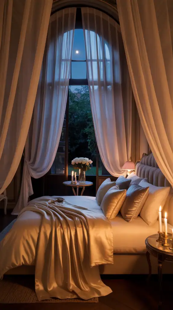 Cozy bedroom with silk drapes framing a window, softly lit by candlelight.