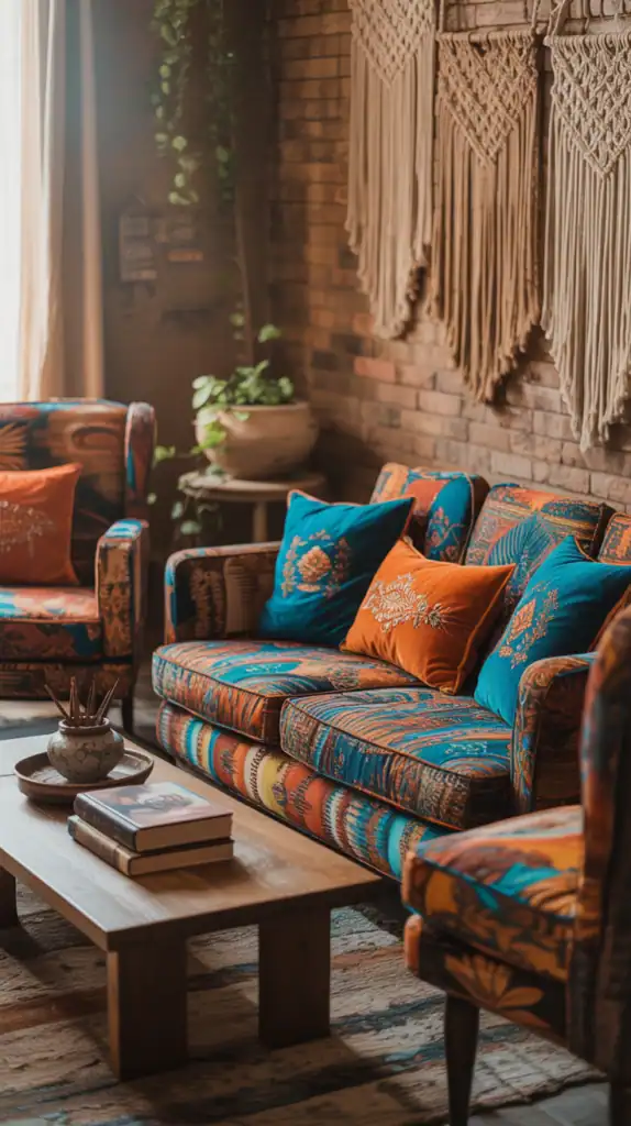 A dark boho living room featuring bold upholstery with colorful armchairs and a patterned sofa against a brick wall.
