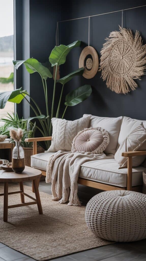 A cozy dark boho living room featuring layered textures with woven blankets, pillows, a knitted pouf, and natural elements.