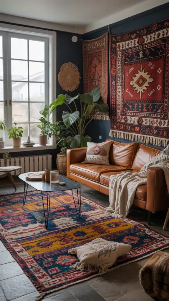 A cozy dark boho living room featuring layered rugs in various patterns and colors.
