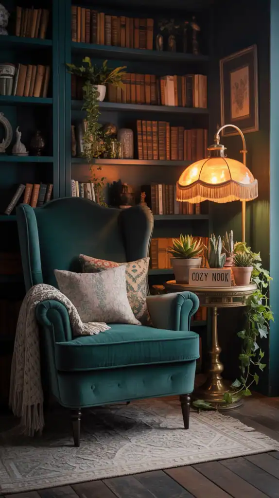 A cozy nook in a dark boho living room featuring a plush armchair, a bookshelf filled with books, a lamp, and plants.
